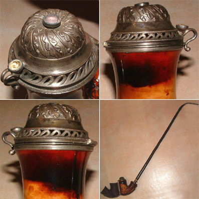 Pipe en écume de mer avec couvercle ciselé et incrusté de pierres semi-précieuses